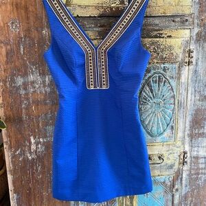 Petite Royal Blue Dress with Gold Beadwork Detailing